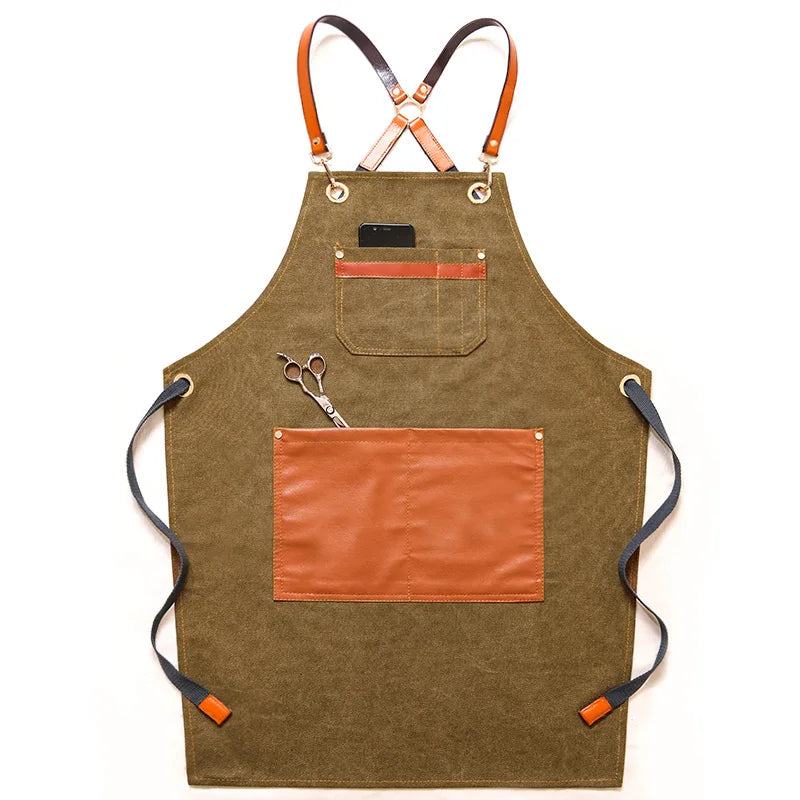 Professional Apron – Cotton-Blend Sleeveless Design with Adjustable Leather Straps