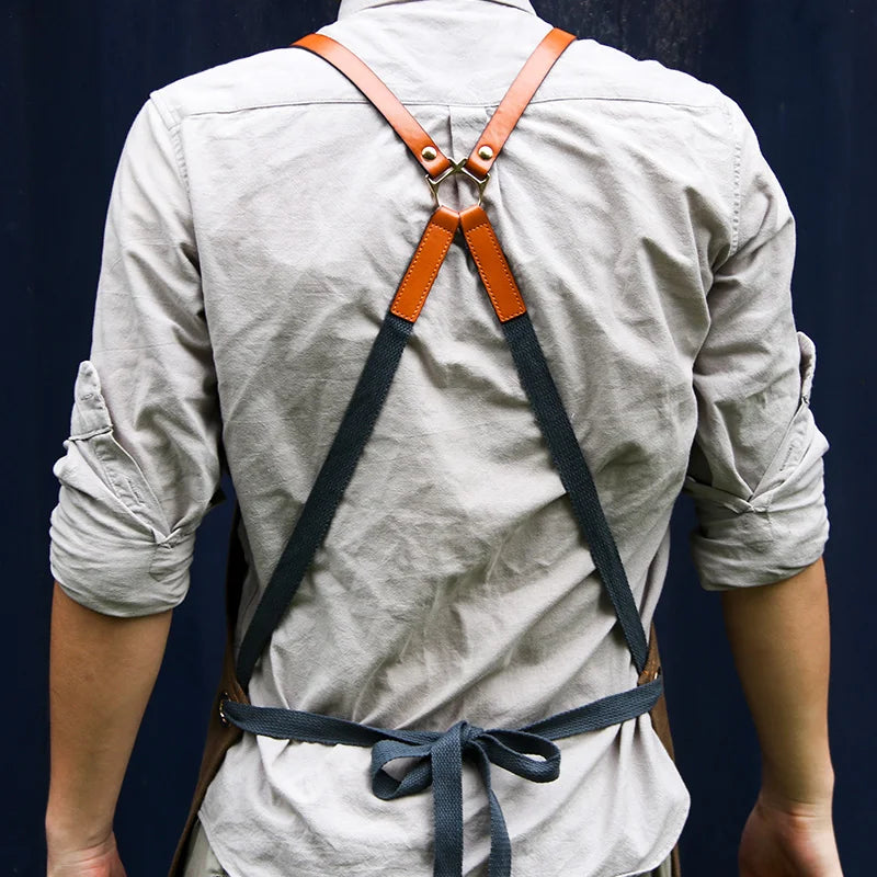 Professional Apron – Cotton-Blend Sleeveless Design with Adjustable Leather Straps