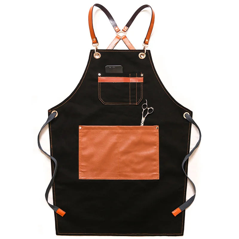 Professional Apron – Cotton-Blend Sleeveless Design with Adjustable Leather Straps