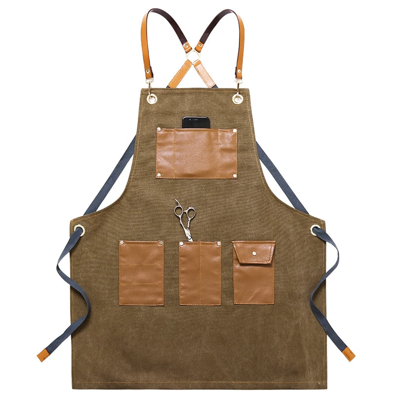 Professional Apron – Cotton-Blend Sleeveless Design with Adjustable Leather Straps