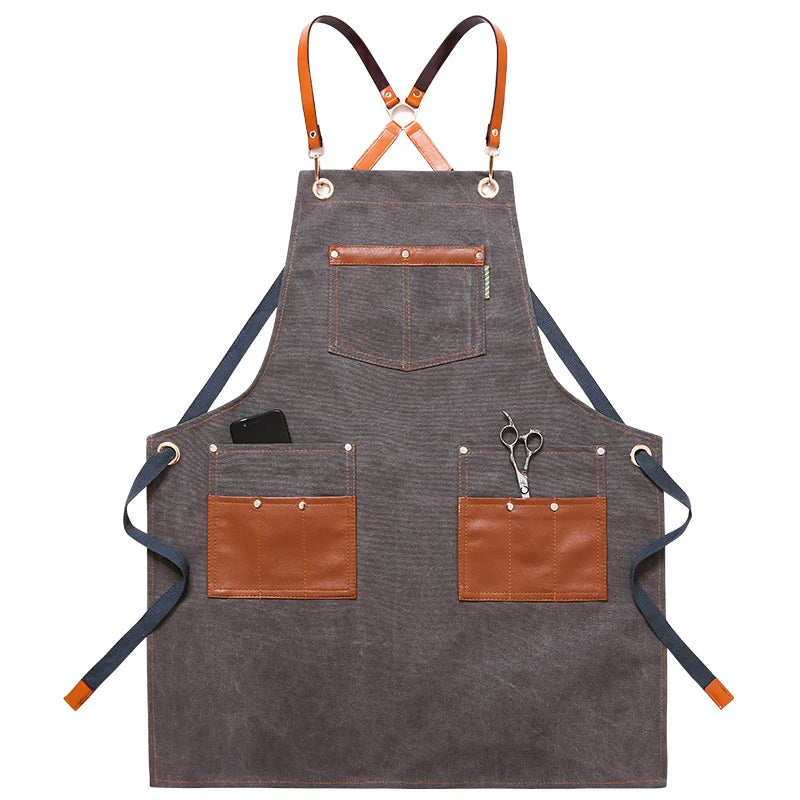 Professional Apron – Cotton-Blend Sleeveless Design with Adjustable Leather Straps