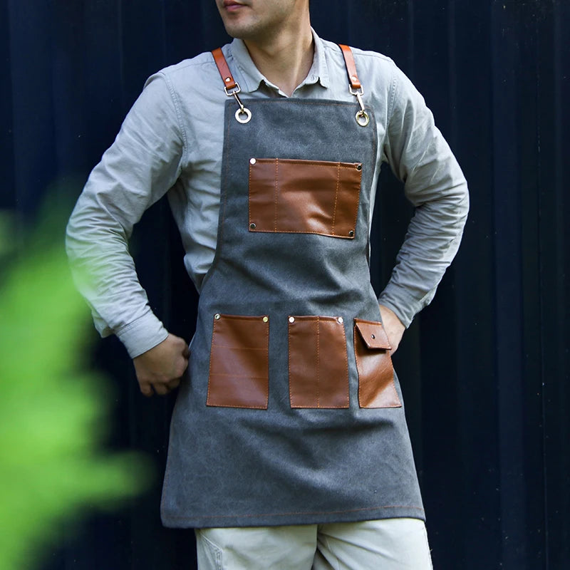 Professional Apron – Cotton-Blend Sleeveless Design with Adjustable Leather Straps