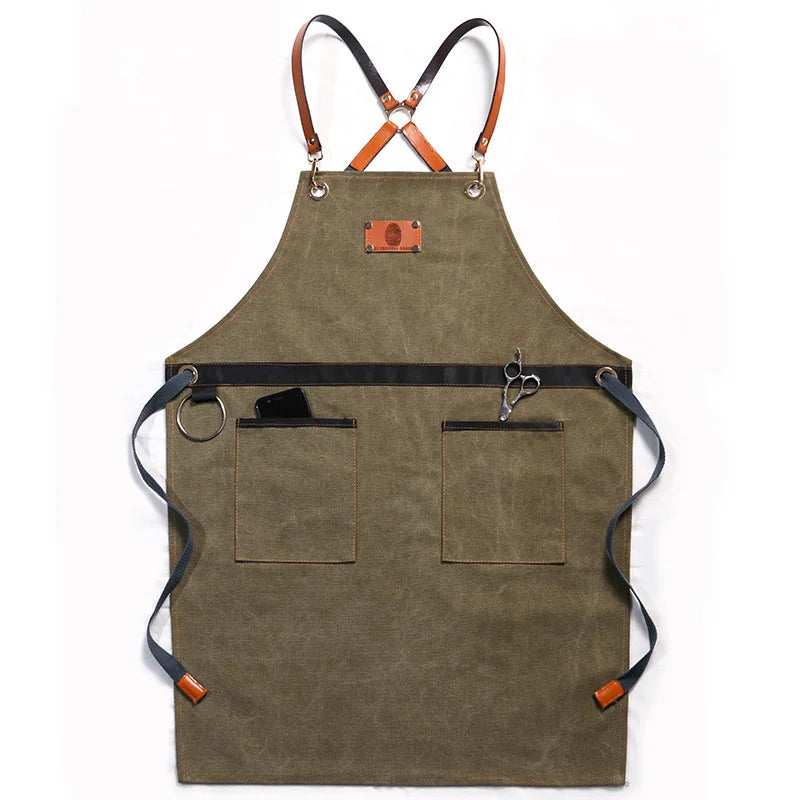 Professional Apron – Cotton-Blend Sleeveless Design with Adjustable Leather Straps