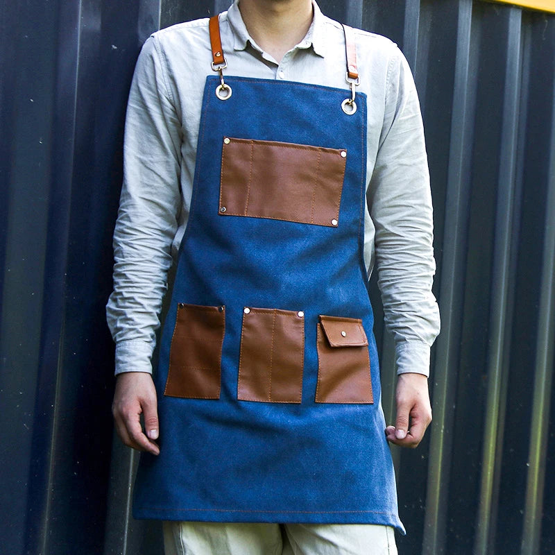 Professional Apron – Cotton-Blend Sleeveless Design with Adjustable Leather Straps