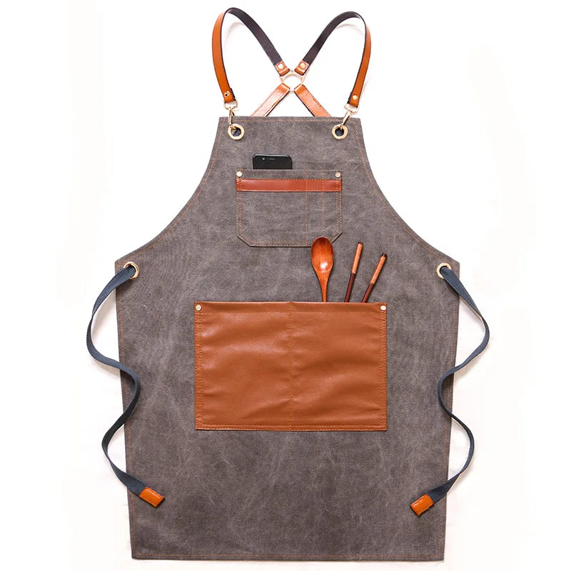 Professional Apron – Cotton-Blend Sleeveless Design with Adjustable Leather Straps