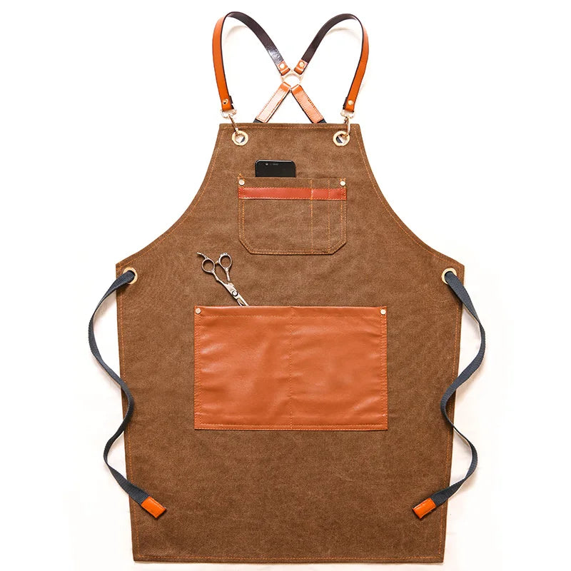Professional Apron – Cotton-Blend Sleeveless Design with Adjustable Leather Straps