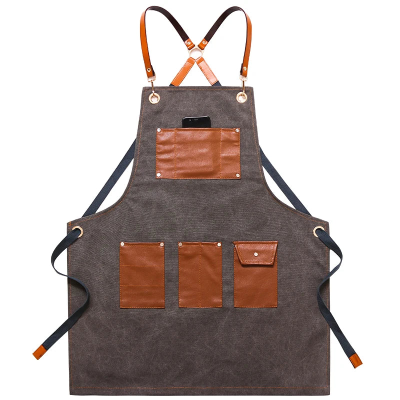 Professional Apron – Cotton-Blend Sleeveless Design with Adjustable Leather Straps