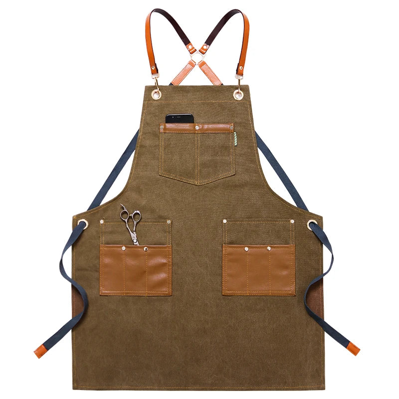 Professional Apron – Cotton-Blend Sleeveless Design with Adjustable Leather Straps