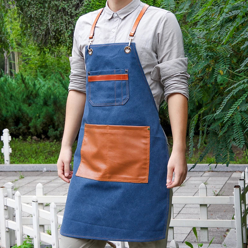 Professional Apron – Cotton-Blend Sleeveless Design with Adjustable Leather Straps