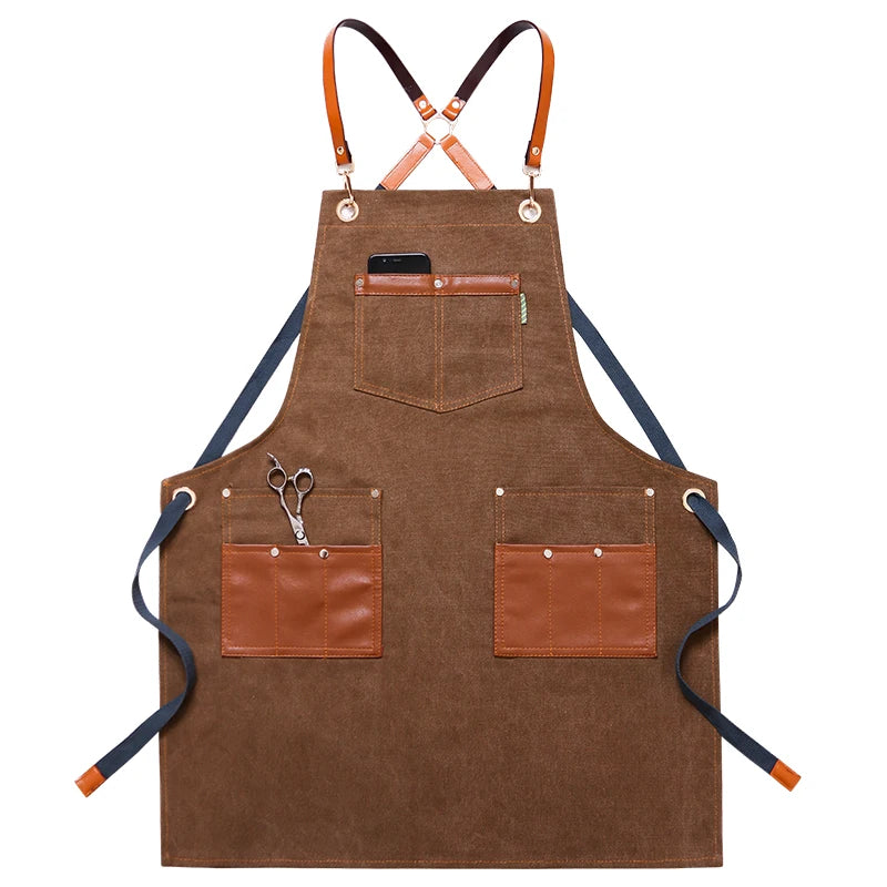 Professional Apron – Cotton-Blend Sleeveless Design with Adjustable Leather Straps