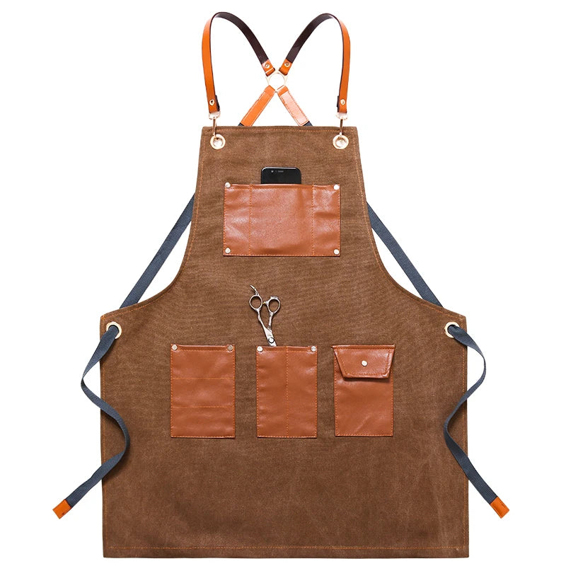 Professional Apron – Cotton-Blend Sleeveless Design with Adjustable Leather Straps