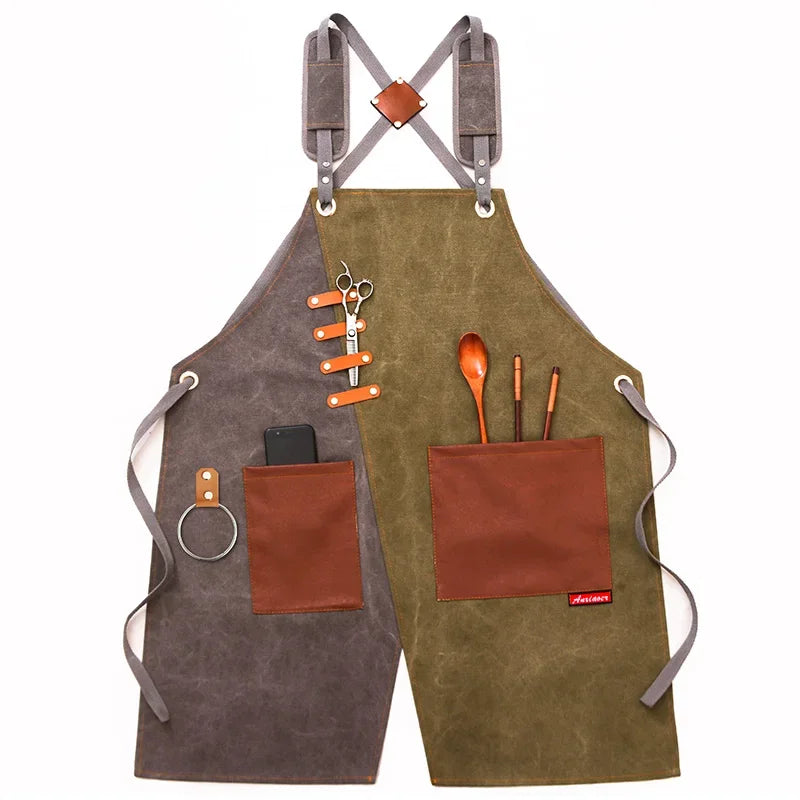 Professional Apron – Cotton-Blend Sleeveless Design with Adjustable Leather Straps