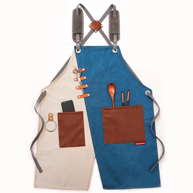 Professional Apron – Cotton-Blend Sleeveless Design with Adjustable Leather Straps