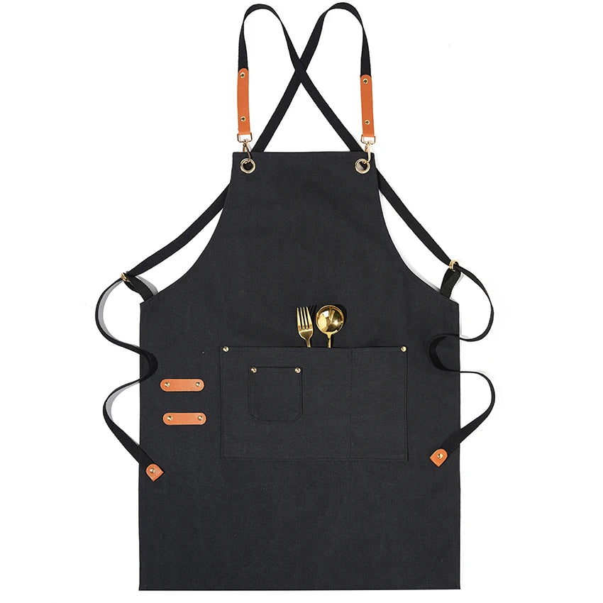 Professional Apron – Cotton-Blend Sleeveless Design with Adjustable Leather Straps