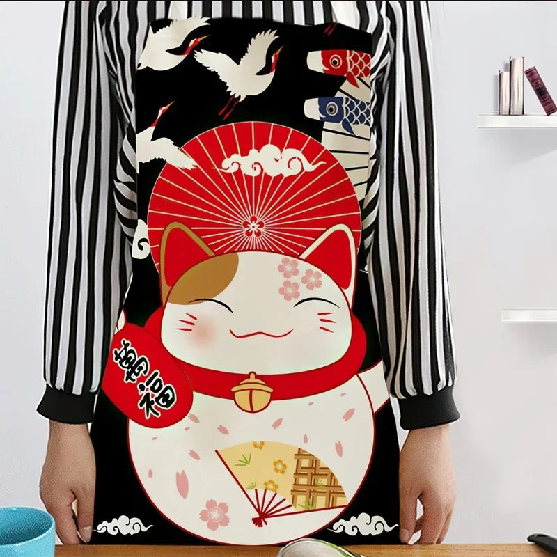 Japanese-Style Lucky Cat Sleeveless Apron for Food and Drink