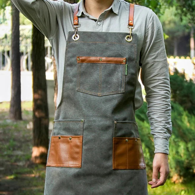 Professional Apron – Cotton-Blend Sleeveless Design with Adjustable Leather Straps