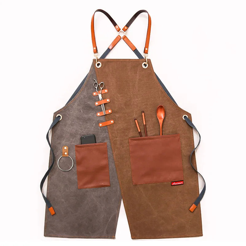 Professional Apron – Cotton-Blend Sleeveless Design with Adjustable Leather Straps