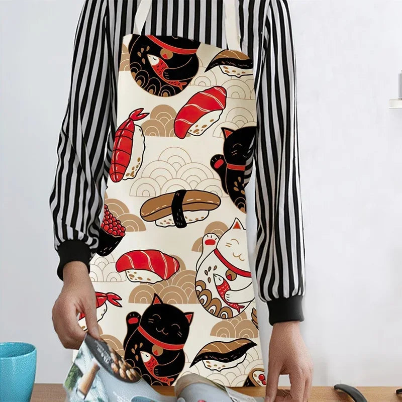Japanese-Style Lucky Cat Sleeveless Apron for Food and Drink
